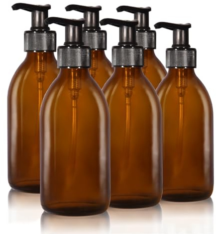 Oputec 6 x 250ml Seifenspender aus Glas: Extra sparsam bis -70% - Shampoo Flaschen zum Befüllen als Handseife-Spender, Pumpspender, Pumpflasche aus Braunglas für Küche & Badezimmer