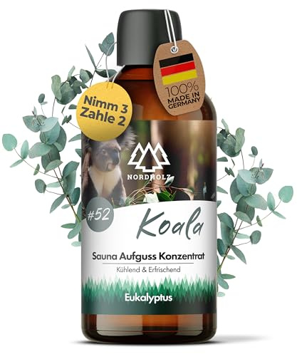 NORDHOLZ® Saunaaufguss 100ml [60 Sorten] Sauna Aufgussmittel Konzentrat | Sauna Duft · #52 Koala · Eukalyptus · klar & frisch · Mit naturreinen ätherischen Ölen · Made in Bayern
