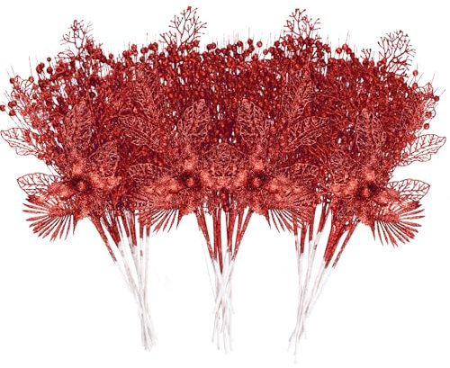 UXORSN 28 Stück Weihnachts Glitzer Blume Beeren Stiele Künstlich Weihnachtszweige Weihnachtsbaumschmuck Künstliche Zweige Weihnachtsbaum Pflücken für DIY Urlaub Handwerk Kranz Heim Dekor(Rot)