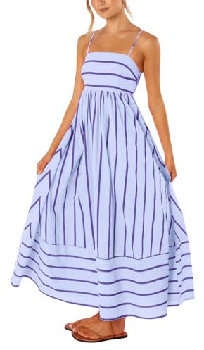 chouyatou Abito lungo da donna a righe con punto smock sul retro, sexy, con spalline sottili ritagliate, Viola, XL