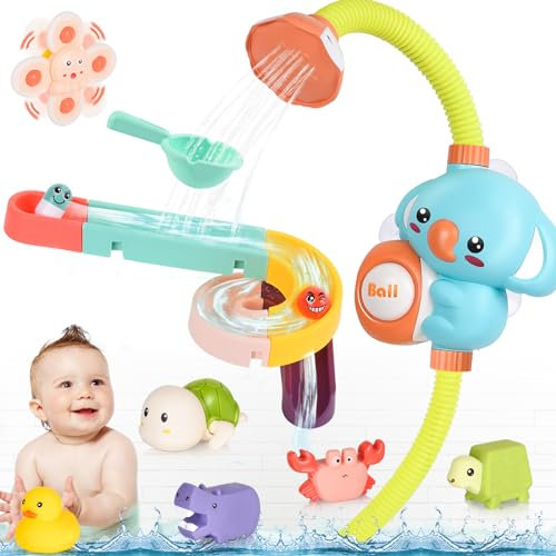 Aragallant Jouet de Bain Bebe, Jouets De Douche Bébé avec Arroseur Electrique Éléphant, Jouets à Remonter, Piste avec Toboggan Aquatique, Ventouse Jouets, Douche Jouet pour Les Tout-Petits