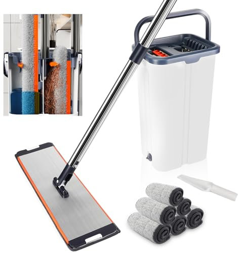 Wischmopp Set mit Eimer, Set mit 6 Mikrofaser Pads und Ausgestattet mit 155cm verlängertem und verdicktem Griff, trennt Schmutz von Frischwasser, Wischmopp mit Auswringfunktion für Alle Böden,Weiß