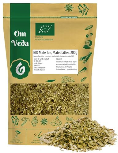 BIO Mate Tee | Mateblätter pur frisch & grün fair | Matetee aus Mateblättern | Schonend getrocknet | Aromatisch | Ideal für heiße und kalte Tees | Premium Qualität | OmVeda (200g)