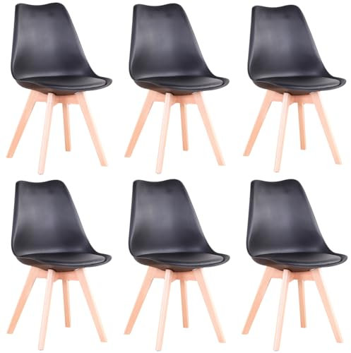 Uderkiny Lot de Chaise Salle Canger Lot de 6 Chaises Scandinaves Noires Chaise Salle a Manger Noir, Idéal pour Salle a Mange, Cuisine et Bureau, Assise Tembourree et Pieds en Bois de Hetre,Noir