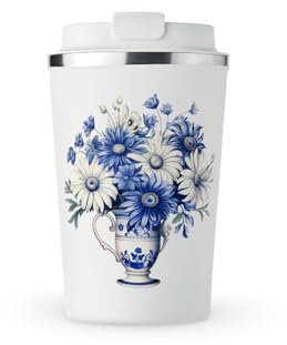 MAXIKIWI - Insulated Double Walled, Leakproof Stainless Steel Mug, Coffee or Tea Travel Tumbler with Lid, Keep Drinks Hot and Cold - Vintage Delft Blue - 350ml