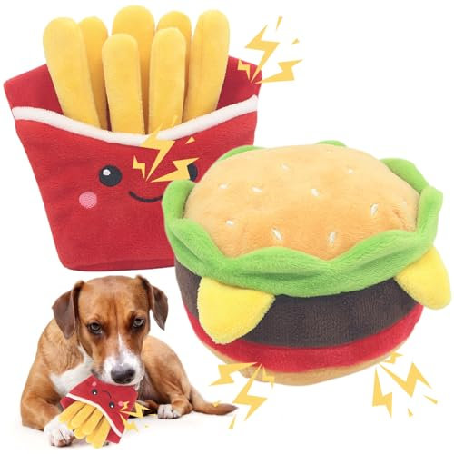 Quietschspielzeug Hund, 2 Stück Unkaputtbar Hundespielzeug, Hundespielzeug Kleine Hunde, Plüsch Spielzeug für Hunde, Burger Pommes Frites Baumwolle Hunde Spielzeug für Kleine und Mittelgroße Hund