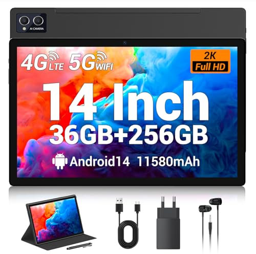 TIGERFU Tablette 14 Pouces, Android 14 Tablette avec Carte Sim Plateau, 36Go RAM+256Go ROM (TF 1To), 4G LTE+5G WiFi, Octa-Core,8MP+13MP,11580mAh,1920x1200 FHD,BT5.0,Tablette avec Stylet et Étui (Noir)