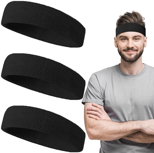 Sport Stirnband, 3 Stück Headband Sport Stirnbänder, Frottee Stirnbänder Sport, Schweißband Kopf Sport für Damen Herren, Schweißband Stirnband für Laufen, Fitness, Yoga, Radfahren, Basketball (B)