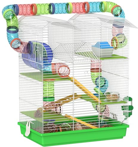 PawHut 5 Tier Hamster Cage Carrier Habitat with Exercise Wheels Tunnel Tube Water Bottle Dishes House Ladder for Dwarf Mice, Green