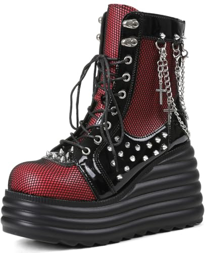 Lyrisiphy Women's Gothic Ankle Boots Red Platform Combat Boots with Punk Chains & Studs Lace Up Wedge Boots for Womens Rave Festivals Halloween