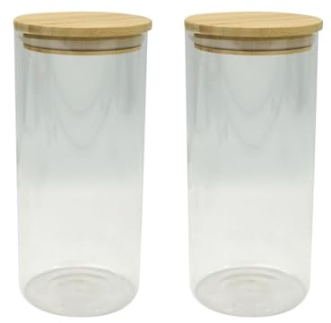 Fackelmann Boîte hermétique en verre avec bambou | Gain de place en placard, Lot de 2 pour organiser vos aliments secs, Verre et bois, Format 10 x 28 cm, Boîtes de conservation