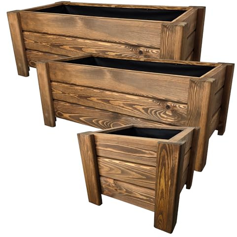 HolzGarden Set 3 Stück Pflanzkübel Holz 2X 80x32x40 cm + 40x32x40 cm Imprägniert Farbe Teak Wetterfest Blumenkasten Blumentopf Groß Außen Balkon Garten Pflanzkasten Outdoor Serie Flora