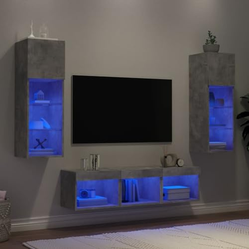 AJJHUUKI 5-teilige TV-Wohnwand mit LED-Beton grau Holz-Möbel, Unterhaltungszentren und TV-Ständen