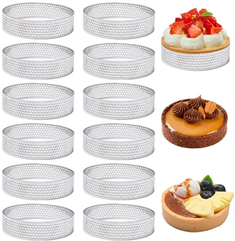 GANILITY Cercle à Tartelette, 12 Pièces 8 cm Cercle a Tarte Perforé en Acier Inoxydable, DIY Moule à Gâteau de Cuisson, pour Quiches, Mini Pizzas, Tartes