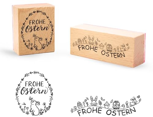 2 Stücke Stempel Frohe Ostern Motivstempel aus Holz,Ostern Hasen Blumenkranz Osterhase Osterei für Scrapbooking OsterKarten Basteln, Geschenkpapier DIY Dekoration