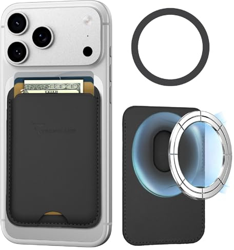 TECHMADE Kartenhalter kompatibel für iPhone, Adapterring im Lieferumfang enthalten - Platz für 3 Karten oder Bargeld, Schnellauszugssystem - RFID-Blockierung, aus veganem Öko-Leder, Schwarz
