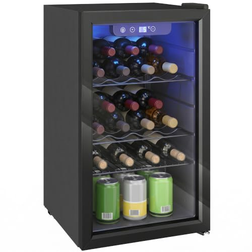 HOMCOM Weinkühlschrank 24 Flaschen, 68 Liter, 4-16°C, UV Schutz, Schwarz | Flaschenkühlschrank, Weinschrank Klein, Doppelglas-Tür, LED-Beleuchtung, Digitalem Touchscreen, Wine Fridge