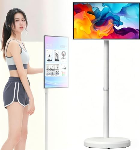 Portable Smart TV 23.8 Inch, 1080P Touch Screen Monitor with Android 15, Wireless Movable Display on Rolling Stand, 6GB+128GB, 13MP Camera, Speaker, 8 Hour Battery, HDMI USB Type C(6+128)
