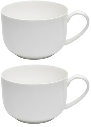 Packool 2 Pcs Large Bone China Coffee Mugs, Gift, Oversized Ceramic Soup Mugs Set, Round-Mouth Milk Mug for Oatmeal, Plain White Mug for Home Kitchen