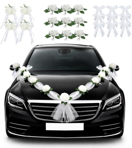Autoschmuck Hochzeit Deko, 2x180cm Seidenblumen Girlande Weiß mit Saugnäpfen & 4 Türblüten, 10x Sehleifen, Auto Hochzeitsschmuck Set, Blumenschmuck Auto Wedding Deko für Hochzeit Party