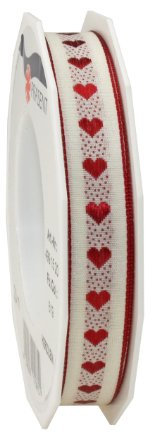 PRÄSENT Herzilein Dekorationsband créme/Bordeaux, 20 m Elegantes Geschenkband zum Verzieren & Basteln, 15 mm Breite, Schleifenband für Hochzeit, Taufe & andere besondere Anlässe