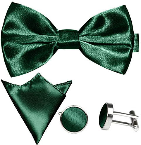 GASSANI 3Tlg Fliegenset, Dunkel-Gruene Herren-Fliege, Hochzeitsfliege Ein-Stecktuch Manschettenknöpfe, Anzug-Schleife Vor-Gebunden Verstellbar, 12cm x 6,5cm, Moosgrün | Dunkelgrün | Grün