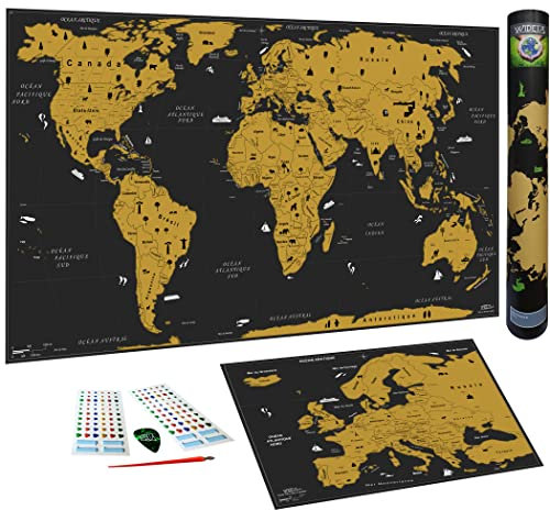 WIDETA Weltkarte zum Rubbeln Französisch, XXL (82 x 43 cm) / extra dickes laminiertes Papier 300 g/m² / Bonus Karte von Europa und Kratzzubehör