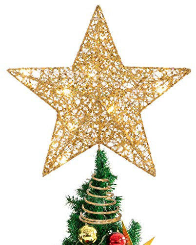 STOBOK Christmas Tree Star Topper Lights Xmas Tree Glittered Tree-top Lamp Ornament Party Home Decor Golden/Silver