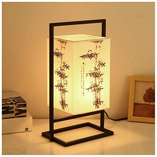Chambre japonaise lampe de chevet, table moderne asiatique lampe W/Noir Cadre Métal, Cuboid Tissu Shade- Soft Light Parfait for nuit, Gradateur (Couleur : Arbre bambou)