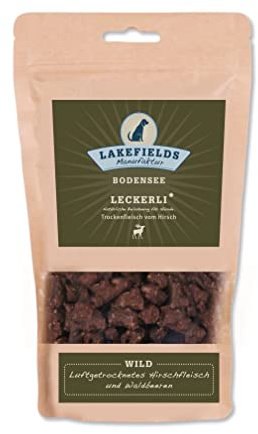 Lakefields Hundeleckerli | Trockenfleischwürfel vom Wild | 150g | 90% Hirschfleisch | Getreidefreie Hunde Snacks mit Kartoffeln & Waldbeeren | Knusprige Belohnung für Zwischendurch | Ohne Zusätze