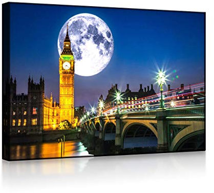lightbox multicolor | Beleuchtetes Wandbild | Big Ben vor großen Mond in London | 60x40 cm | Front Lighted