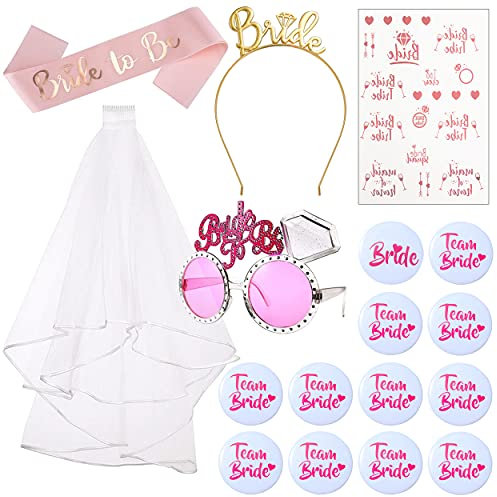 Annhao 17 pezzi Addio Nubilato Decorazione Sposa di Essere Bride to be Satin Sash Giarrettiera Cerchietto Tiara e Velo Matrimonio Tatuaggi Badge Occhiali Rosa con Il Pettine per Addio Nubilato