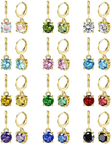 CASSIECA 12 Paar Ohrringe mit Hebel für Frauen aus Edelstahl, Creolen, mehrfarbig, 8 mm, Ohrringe aus kubischem Zirkonia, Edelstahl Cubic Zirkonia