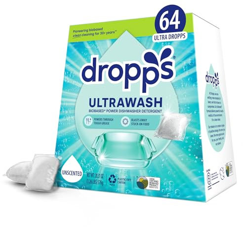 Dropps Dishwasher Detergent Pods: Unscented 64 Count Powers Away Baked On Food No Pre-Wash Powered by Natural Mineral-Based Ingredients Low Waste Packaging