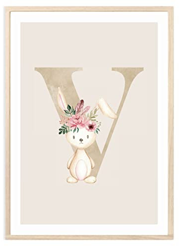 MeinBaby123® Buchstaben Poster DIN A4 Kinderzimmer Mädchen und Junge | Babyzimmer Deko | Bilder Kinderzimmer | Geschenkideen zur Geburt | Geburtsposter | Anfangsbuchstabe Poster T (Hase - V)
