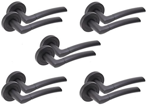 Golden Grace Indiana Lever Latch Door Handles, Matt Black Finish | Includes spindle and screws for quick installation, providing a sleek rose mount style in a convenient 5-pair pack.