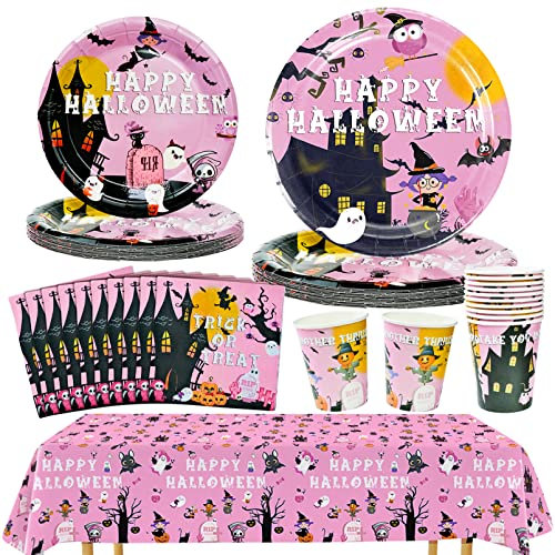 AMJKEJI Ensemble de vaisselle jetable pour Halloween, 51 pièces, fournitures de fête pour 20 invités, décorations de fête, assiettes en carton, gobelets et serviettes, nappe de table rose pour