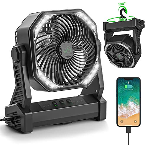 20000mAh Rechargeable Camping Fan with LED Lantern, 58hrs Portable Battery Operated Desk Fan with Hanging Hook for Camping Travel Picnic Fishing Hurricane Power Outages(Black)