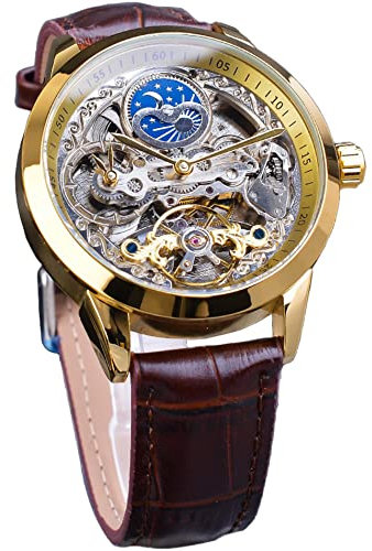 FORSINING Herren-Skelett-Mondphasenuhr, mechanisch, selbstaufziehend, Tourbillon, Dual-Zeitzonen-Uhren, automatisch, luxuriöses Lederband, großes Zifferblatt, Armbanduhr, Gold, Classic