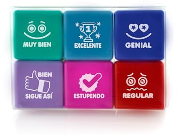 Office Box – 6er-Pack Schulstempel – speziell für Lehrer in 6 Farben und 7 Sprachen – SPANISCH – bis zu 1000 Stempeldrucke in transparenter Box.