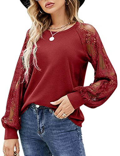 YILEEGOO Tops for Women UK Lace Long Sleeve Waffle Knit Hollow Out Casual Loose Blouses T-Shirts Ladies Tops (Red,Small)