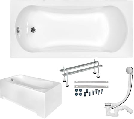 KOLMAN Badewanne ARIA Rechteck 150x70 mit AcrylSchürze, Ablaufgarnitur und Füßen Komplettset 4in1 Premium Original Acryl Wanne Siphon