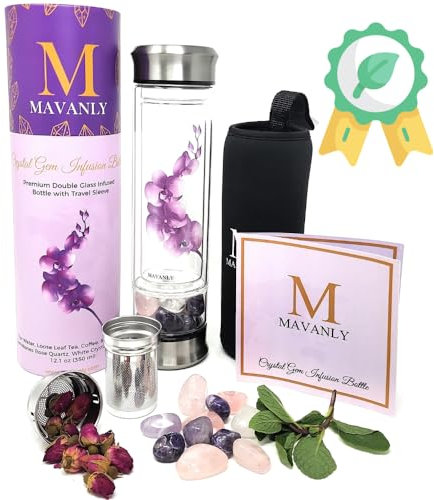 Mavanly Orchidee Kristall Wasserflasche, Doppelwandiges Glas für heiße und kalte Getränke, Loseblatt-Tee-Ei, 3 Arten von Edelsteinen, weißer Kristall, Amethyst. Umweltfreundliche Geschenke für Frauen