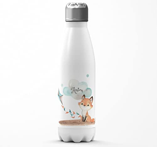 Mikalino Kinder Edelstahl Trinkflasche Kleiner Fuchs mit Wunschname Einschulung Geschenk Geschenkideen Thermosflasche Mädchen Junge, Farbe:weissweiss, Grösse:500ml