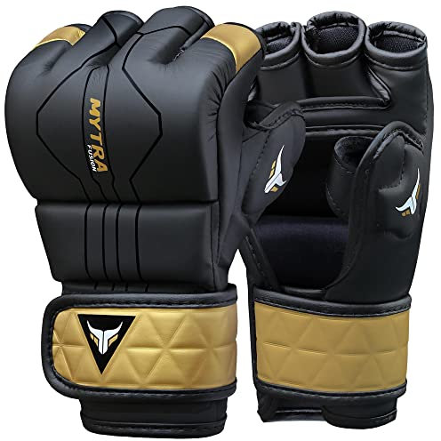 Mytra Fusion Kids MMA Gloves with Open Ventilated Palm Sparring Gloves Junior Kickboxing, Grappling, Training, Cage Fighting Mixed Martial Arts Gloves (Black/Gold, XXS)