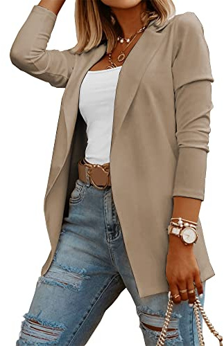 Womens Casual Long Sleeve Blazers Solid Color Knit Blazer Work Office Open Front Blazer Jacket Khaki