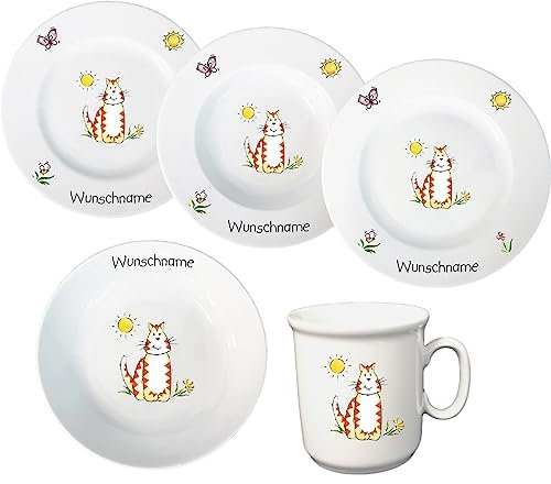 Kindergeschirr Kinderservice 5-tlg. Kinder Service Set aus Porzellan Teller Becher Schale personalisierbar mit Wunschname Name Kindergeschirr mit Namen personalisiert (Katze)