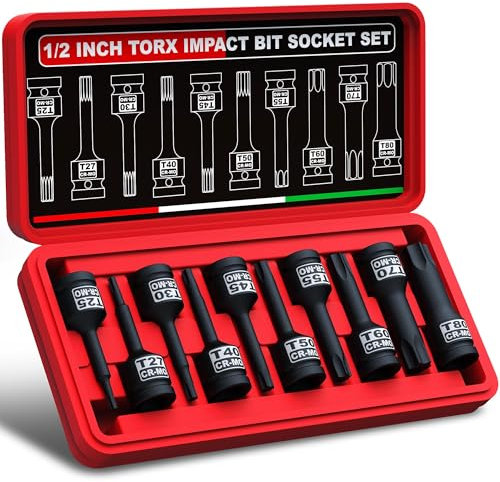 KIRXST Juego de Llaves de Vaso de Impacto con Puntas Torx, 1/2 Pulgadas, T25 - T80, 10 Piezas Fuerza Torx Bit