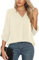 Yommay Langarmshirts für Damen Bluse Sommer Elegant V-Ausschnitt Tunika Longshirtt Oberteil Flowy Kurze Ärmel Chiffon Tops(Beige Weiß,EU XXL)
