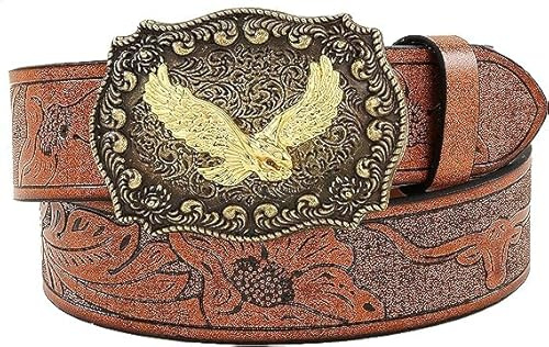 JowTreex Western-Lederschnallengürtel – Cowboy Longhorn Stier Muster Schnalle Gürtel Floral Gravur Schnalle Gürtel für Männer Frauen, Braun 2, for 95-102 cm waist